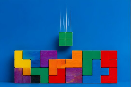 Workflow optimization concept featuring a green puzzle block falling into place to complete a colorful structure