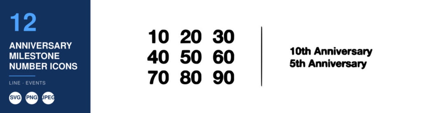 12 Anniversary Milestone Number Icons Set with 10 20 30 40 50 60 70 80 90 Numbers and 10th 5th Anniversary Text