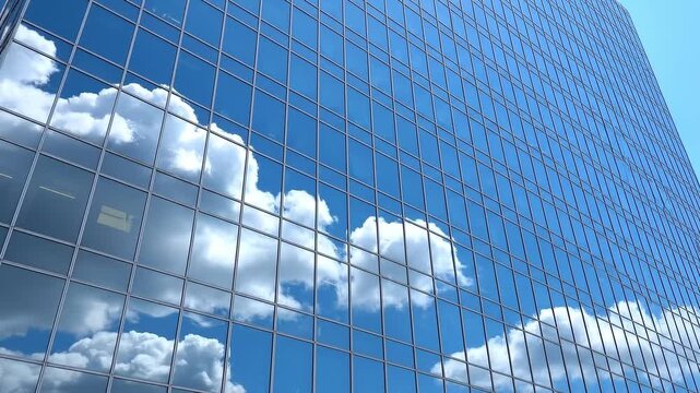 Modern glass skyscraper reflecting white clouds and blue sky in urban business district.