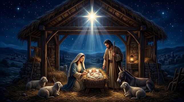 Nativity scene with baby jesus, mary, and joseph in a stable under a bright star, surrounded by sheep and a donkey in a peaceful night setting