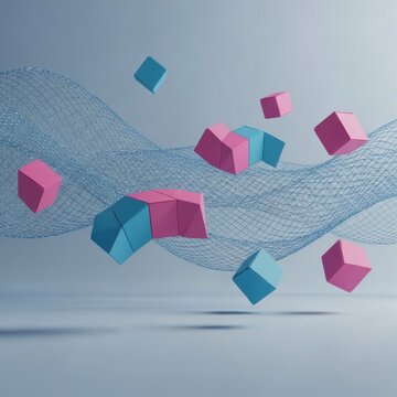 Abstract 3D render of pink and blue geometric modular cubes and shapes floating in a minimalist space with a blue wireframe wave background and soft shadows on a gray floor.