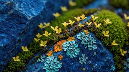 Obraz premium Macro view of tiny green plants, colorful lichen growing on blue rock surface. Small yellow sprouts emerge from mossy crevices. Nature details show organic life, botanical textures in wild outdoor