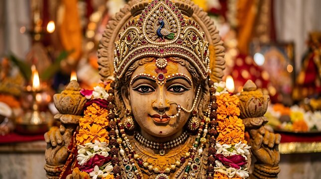 Traditional hindu goddess idol with ornate golden crown and jewelry
