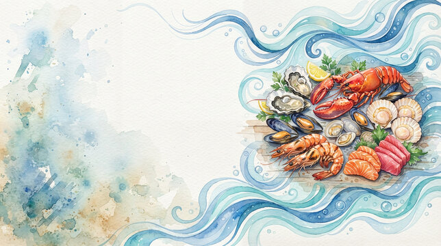 Seafood dish in watercolor style, blue and turquoise tones, culinary theme