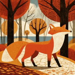 Naklejka premium A fox strolls along a path in a colorful autumn forest. The trees show orange and rust colors under a clear sky.