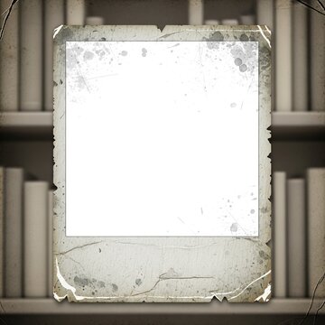 Old vintage polaroid frame on a background of library bookshelves.