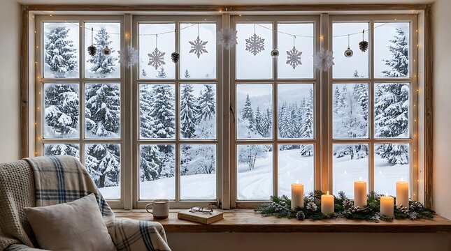 Cozy winter window view with candles, a warm blanket, and a steaming mug, perfect for a peaceful holiday atmosphere in a rustic home setting