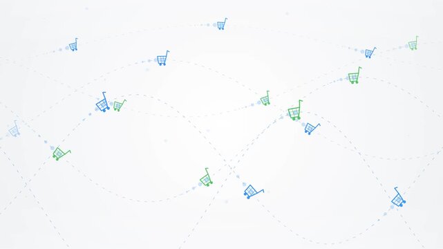 Numerous small blue and green carts are moving across a white background with dashed lines indicating their paths, suggesting a theme of logistics or retail