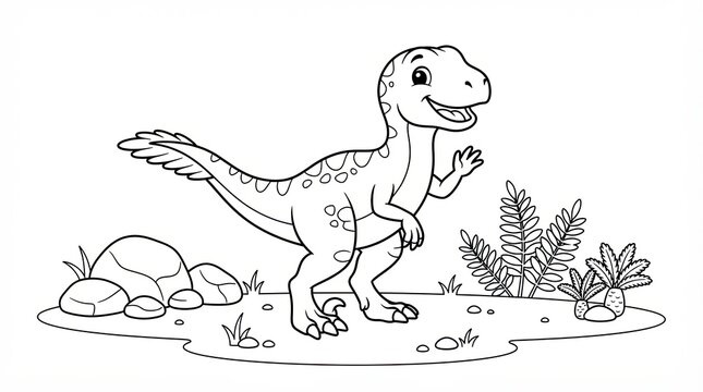 Cute cartoon dinosaur standing in nature for kids coloring page