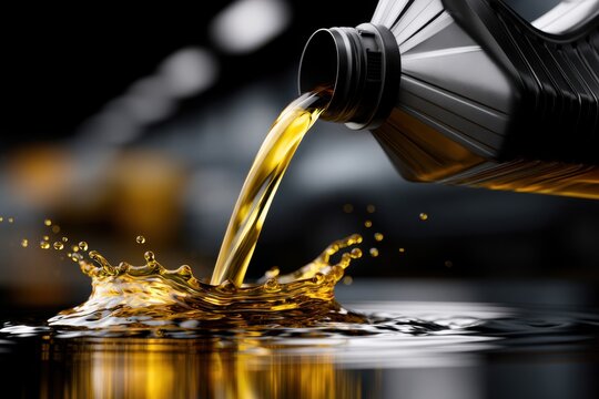 Golden motor oil pouring from a black plastic container creating splash and reflections with dark blurred background and glowing bokeh lights