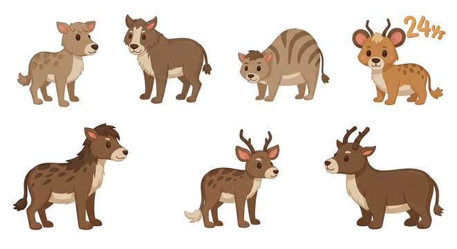 Set of cute cartoon style hyena characters in various poses for children design with wildlife character predator collection creature standing