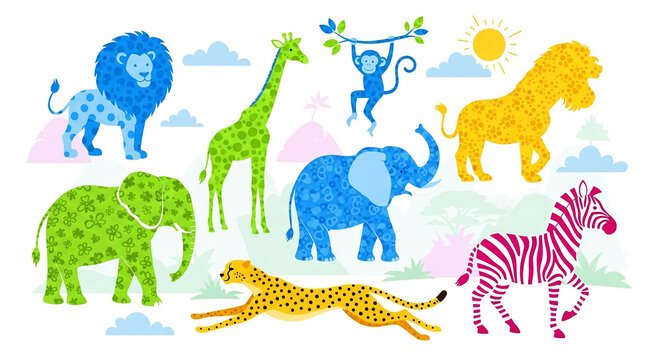 Set of stylized colorful mosaic patterned african savanna animals including lion elephant and giraffe with elephant colorful wildlife children