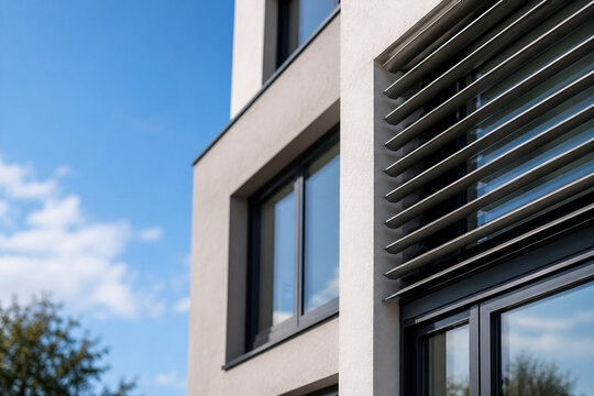 Modernes Wohnhaus mit Sonnenschutzlamellen und gro&szlig;en Fenstern