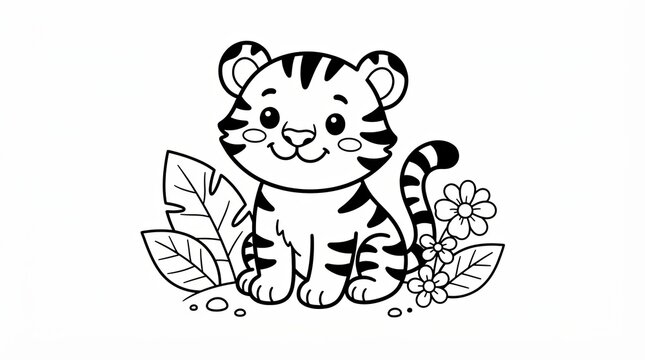 Cute baby tiger sitting with flowers and leaves coloring page for kids