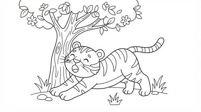 Cute cartoon tiger stretching under a tree for children coloring page