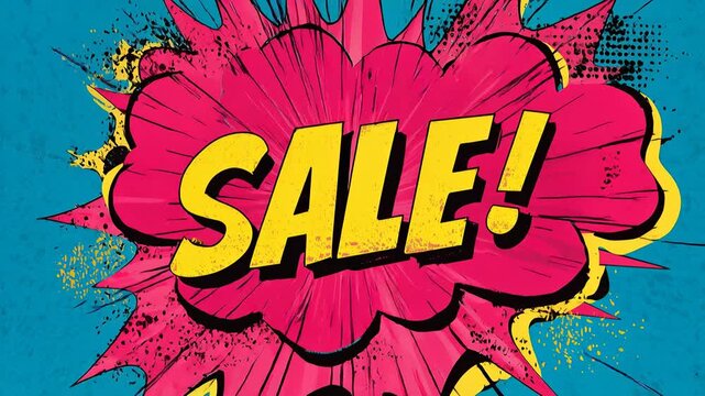 Explosive Sale Announcement with Comic Book Style Speech Bubbles. Dynamic comic book style graphic featuring the word SALE in bold yellow letters within vibrant pink explosion shapes