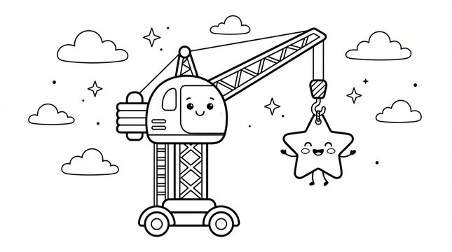Cute Cartoon Construction Crane Lifting A Happy Star Character Line Art
