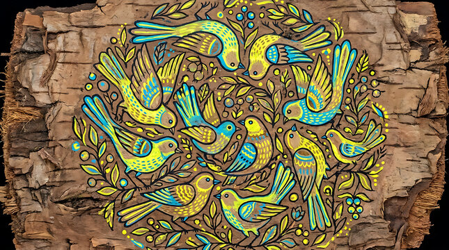 Songbird circle in neon yellows and blues, amate bark art