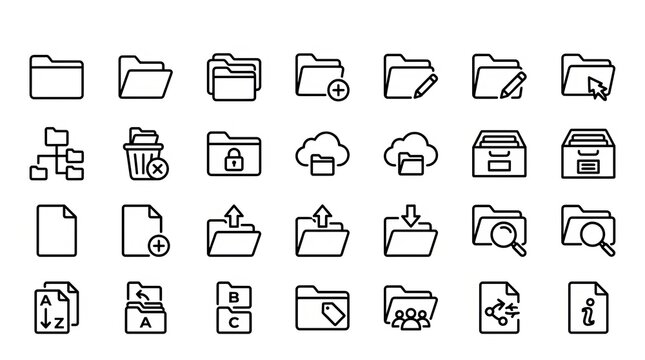 Collection of minimalist black and white office and file folder icons set.