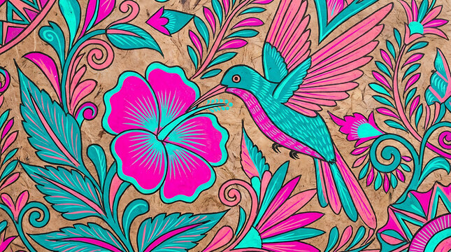 Neon hummingbird and hibiscus bloom, amate bark art
