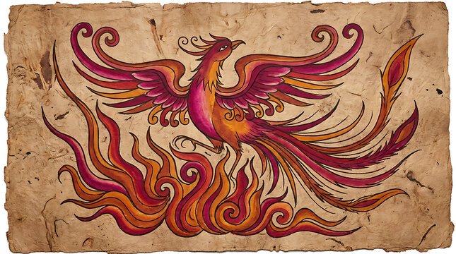 Mexican folk art phoenix, magenta and amber, amate paper