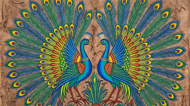 Mexican folk art peacocks with radiating tails, amate paper