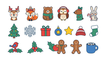 Fototapeta premium Christmas Animal Icon Set featuring Cute Winter Characters and Festive Holiday Line Art