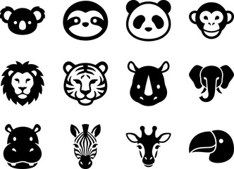 Fototapeta premium Vector Solid Black Animal Icons Pack: Flat Mascot Avatars, Wild Zoo & Safari Silhouette Pictograms Set for Graphic Design