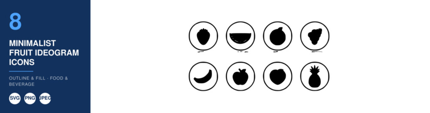 Minimalist Fruit Ideogram Icons Set with Apple Banana Orange Pineapple Watermelon and Cherry in Black and White Outline Style