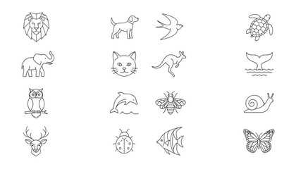Fototapeta premium Wildlife Animal Icon Set with Lion, Dog, Bird, Turtle, Elephant, Cat, Kangaroo, Whale, Owl, Dolphin, Bee, Snail, Deer, Fish, and Butterfly