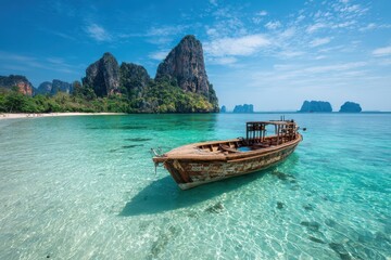 Obraz premium Wooden boat floating in clear turquoise water with limestone karsts and tropical beach background