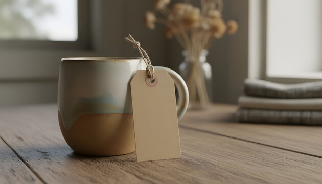 Cozy Ceramic Mug with Blank Tag on Wooden Table by Window