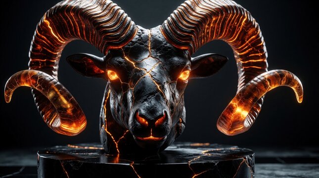 Fiery ram statue with glowing cracks and eyes sits on dark marble pedestal. Symbolizes Aries zodiac sign, power, inferno, and mythology. Dark, dramatic, occult, mystical.