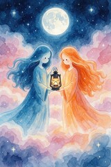 Fototapeta premium Two ethereal spirits walk through night sky. Blue, orange female ghosts hold glowing lantern together. Dreamy watercolor illustration of mystical lovers among clouds, stars under full moon. Romantic