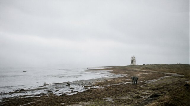 Solitary lighthouse overlooking a remote rocky coastline with a person exploring the shore beneath an overcast sky. Atmospheric offbeat travel landscape with copy space.