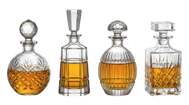 Set of four luxury cut crystal glass decanters filled with whiskey liquor isolated on transparent background.