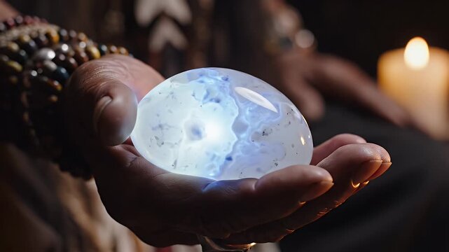 Mysterious glowing crystal ball held in hand, future telling and divination concept, dimly lit room with candle in background