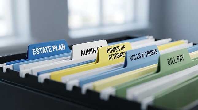 Organized filing system containing document tabs labeled estate plan admin power of attorney wills trusts bill pay in dark grey box for efficient record keeping.