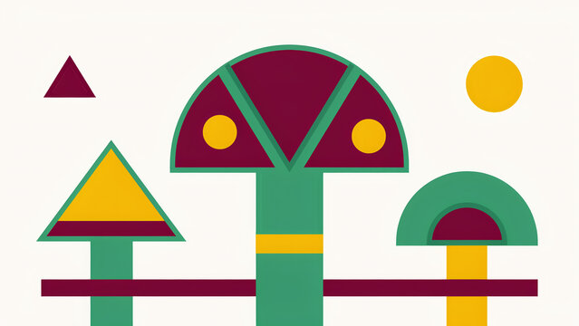 Abstract geometric mushroom art in maroon, yellow and green vector style