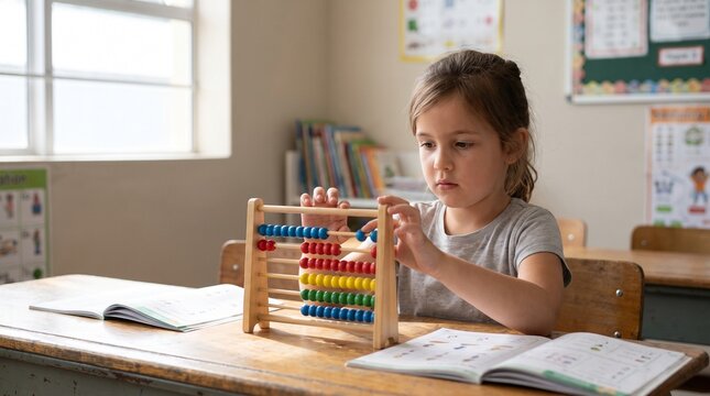Young girl using abacus during math lesson in classroom