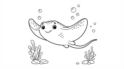Obraz premium Cute cartoon stingray swimming underwater for kids coloring page