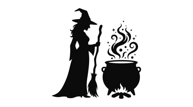 Witch standing beside a bubbling cauldron with magic smoke, black silhouette vector illustration