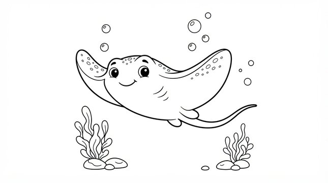 Cute cartoon stingray swimming underwater for kids coloring page
