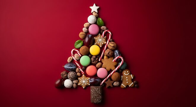 Christmas tree made of various sweets, cookies, candies, macarons, chocolate and fruits on a red background, top view, flat lay, festive concept