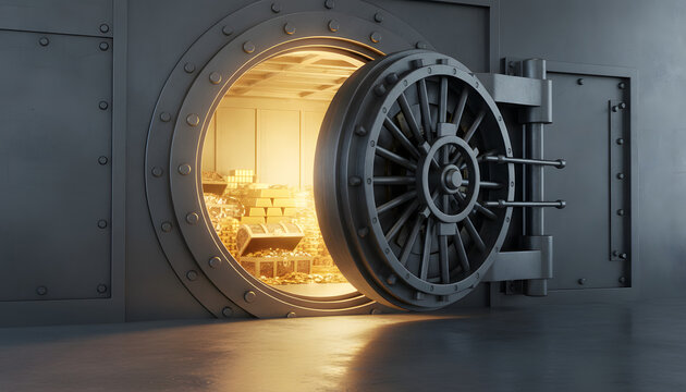 Open Bank Vault Door Revealing a Golden Treasure