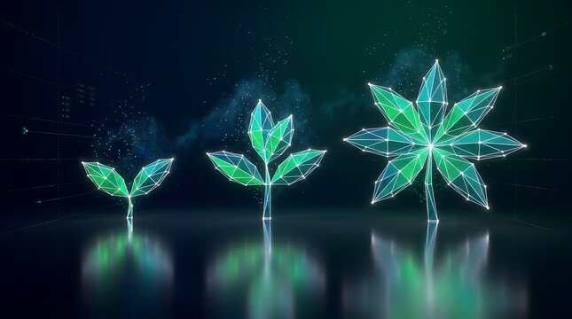 Digital plant growth from small sprout to large leafy plant with glowing geometric polygons on dark abstract background symbolizing success and development.