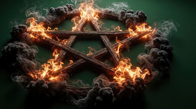 Wooden pentagram symbol burns intensely with orange flames, dark smoke swirling around. Occult graphic design element creates dramatic atmosphere on plain dark green background, power, mystery.
