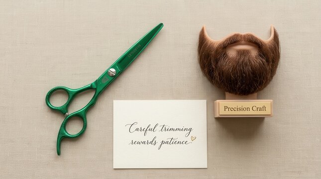 Professional green metallic barber scissors and a brown beard mannequin bust on a neutral fabric background with an inspirational card about careful trimming and patience for grooming perfection kits.
