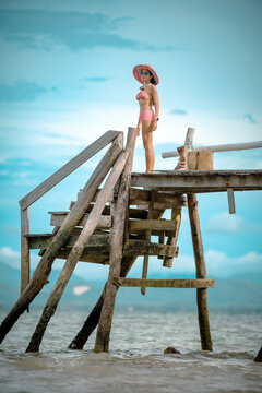 Woman tourist in happiness and relax moment on wooden pier, enjoy the summer trip in tropical island