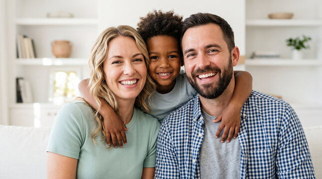 Happy Multiracial Family with Adopted Son Smiling Together at Home in Living Room